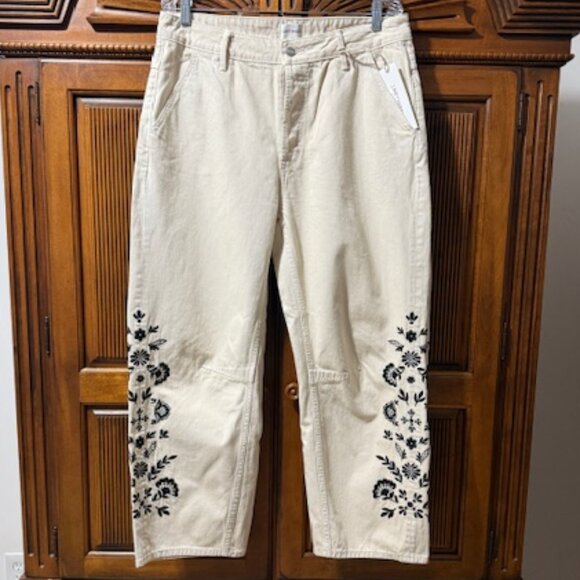 DRIFTWOOD Denim - Driftwood Barbara Cream Barrel Jeans Black Embroidery Button Fly 30 (34)